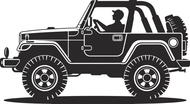 Off road jeep vehicle silhouette with driver isolated on white background, adventure travel transportation concept vector illustration rugged design style