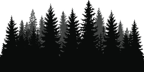 Fototapeta premium Pine forest silhouettes landscape with layered trees isolated on white background, nature woodland scenery concept vector illustration design