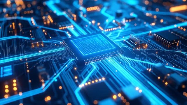 Futuristic Circuit Board: Glowing CPU, Data Flow, Technology Concept