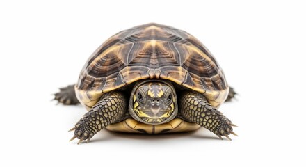 Fototapeta premium A detailed front view of a tortoise with a textured shell and visible scales on its legs, set against a clean white background.