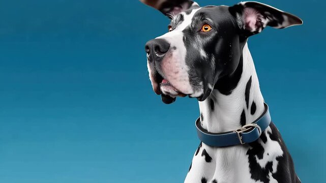 A Harlequin Great Dane, noble and serene, poses against a calming blue backdrop, captivating with its gentle gaze