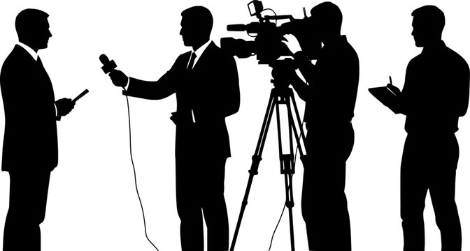 Silhouette vector illustration of news reporters and cameramen working together, broadcasting live television interview, media journalism concept, communication and press coverage scene