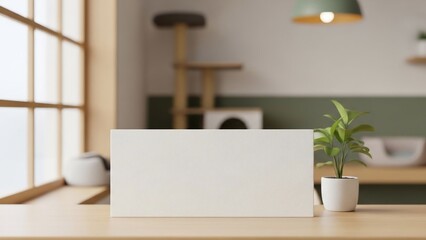 Fototapeta premium Blank White Card on Wooden Table Near Window.
