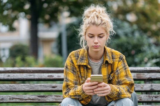 Young woman checking financial mobile application on smartphone. Student managing personal budget and savings on digital device. Concept of modern finance, banking and investment planning.