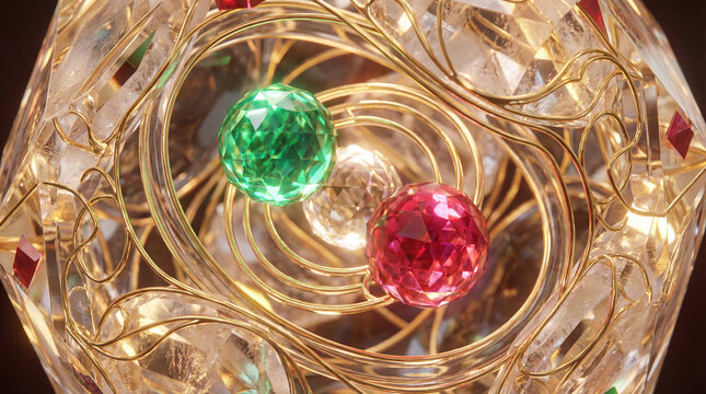 Luminous Emerald and Ruby Spheres Orbiting in Balance Create a Futuristic Abstract Cinematic Masterpiece