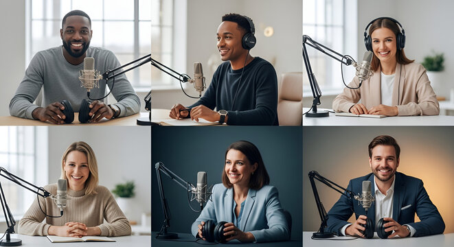 Diverse group of people smiling and recording podcasts with professional microphones and headphones, broadcast and media production, communication and interviewing