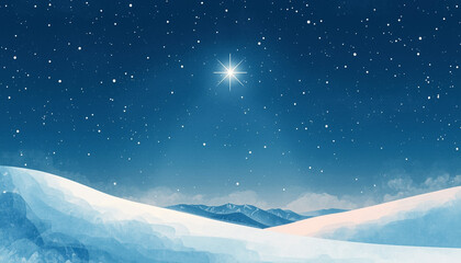 Fototapeta premium A majestic, bright star illuminates a cold, starry night sky over snow-covered hills in a beautiful watercolor winter landscape.