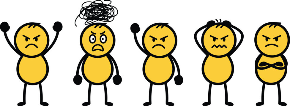 Set of angry cartoon characters showing frustration, stress, emotional reactions, negative feelings, mental health, anger management concept illustration isolated