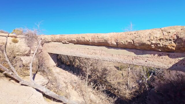 Natural Agate Bridge formed from a single petrified tree spans across desert terrain in Petrified Forest National Park Arizona