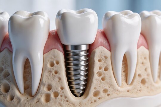 Renderiza&ccedil;&atilde;o 3D de implante dent&aacute;rio em se&ccedil;&atilde;o transversal do osso maxilar