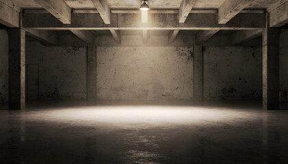 Fototapeta premium Dramatic Underground Concrete Space with Single Light Source Illuminating Empty Floor and Grungy Walls, Industrial Area, Mysterious and Eerie