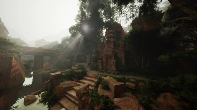 sunlit stone steps lead toward temple, weathered pillars and mossy balustrades beside slow river, beams of light pierce canopy while guide and photographer