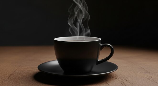 A steaming hot cup of coffee on a saucer on a wooden table with a dark background