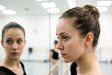 Fototapeta premium Sweaty tired ballerina staring intensely at her reflection in a dance studio mirror
