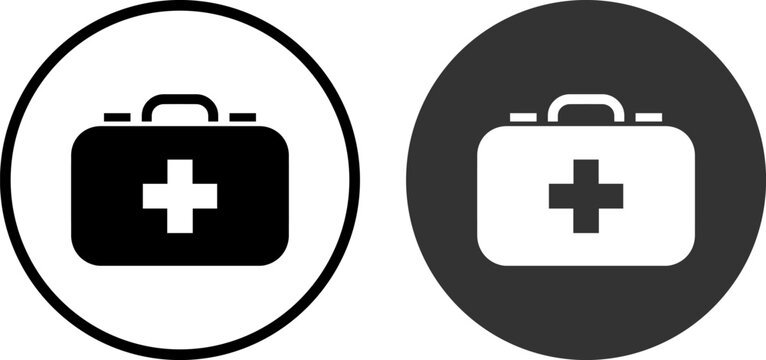 A medical first aid kit icon in black and white colors for healthcare and emergency concepts