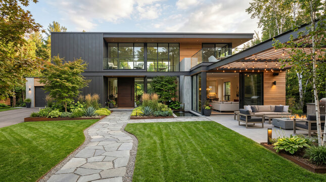 A super modern esthetic house with stylish landscaping features a manicured lawn, stone pathway, and inviting outdoor living