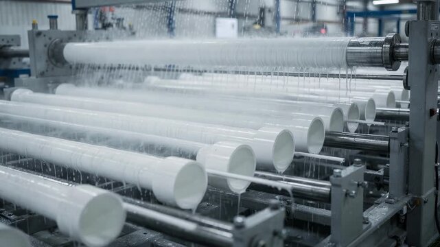 Medium shot capturing largediameter PVC pipes moving steadily through extrusion line showcasing industrial scale and cooling process precision.