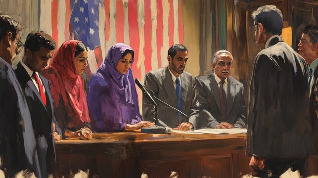 Diverse voices united in pursuit of justice during a significant court hearing in a vibrant American courtroom