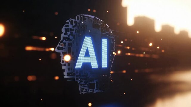Concept of AI inside human head with blue letters in a digital scene at sunset highlighting technology and intelligence