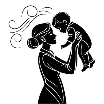 A minimalist black and white vector illustration of a mother holding her baby in a playful and loving manner