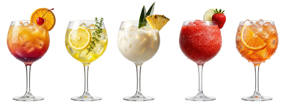 isolated collection of five cocktails featuring a tequila sunrise, limoncello spritz, pina colada, frozen strawberry daiquiri, and an aperol spritz on a transparent background