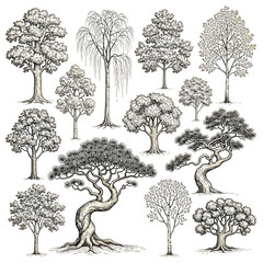 Fototapeta premium Advanced Realistic Tree Collection with Mature Trunks and Pine Varieties, Hand Drawn Set of Ancient Oaks, Weeping Willows, and Textured Conifers for Landscape Design Vector Illustration