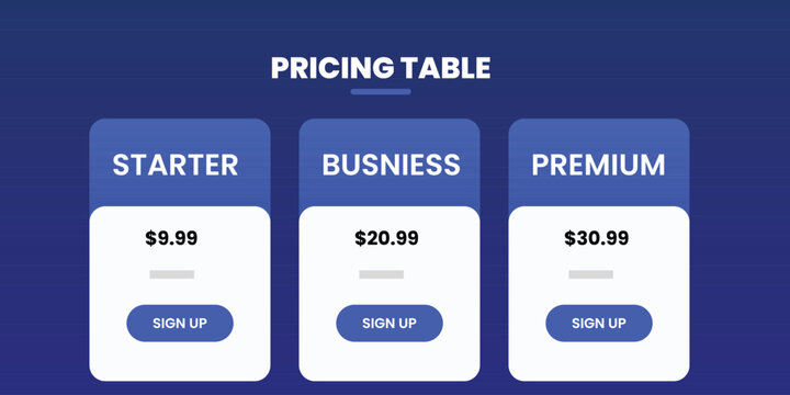 Pricing table with starter business and premium plans on blue background  comparison of subscription costs and features