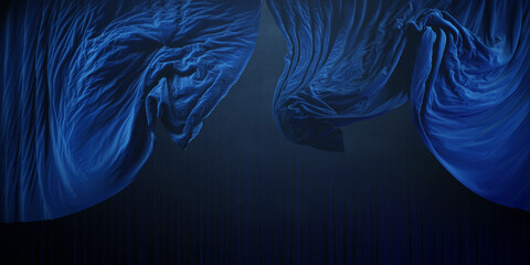 Obraz premium Dramatic blue silk fabric flowing in mid air on theater stage. Dark scene with smoke. 