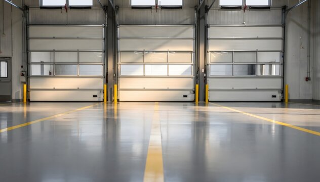 Clean, Modern, and Empty Interior of a Warehouse or Industrial Facility with Three Large Closed Loading Dock Doors and Yellow Floor Markings on Polished Concrete