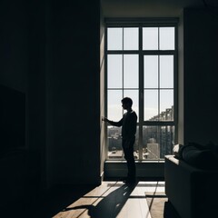 Fototapeta premium Silhouette of businessman standing by large window in modern office