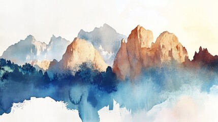 Fototapeta premium Majestic mountain landscape captured in vibrant watercolors during the golden hour, showcasing nature's breathtaking beauty