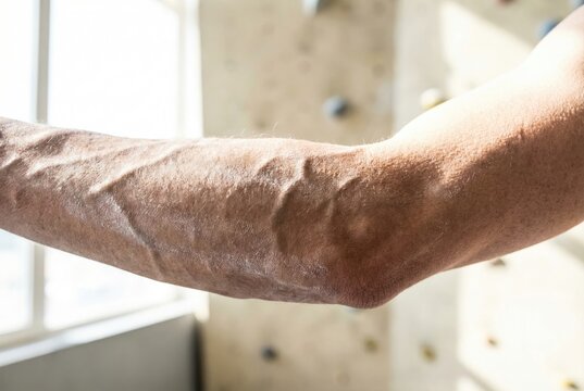 Close up of a muscular veiny arm of a rock climber covered in chalk