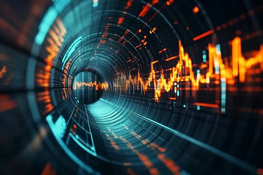 Endless cascade tunnel with bright patterns and lines flowing in a digital space of colors and shapes