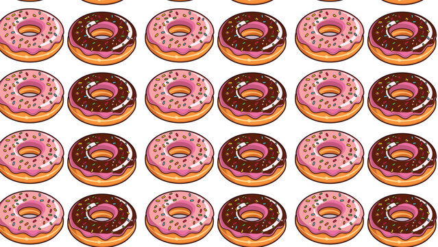 Seamless pattern of delicious chocolate and strawberry glazed donuts with colorful sprinkles on white background for bakery cafe
