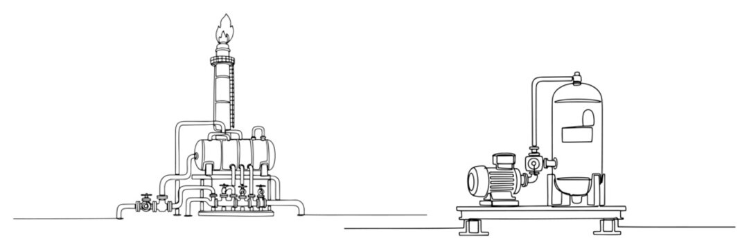 Minimalist one line drawing of oil refinery plant infrastructure with flare stack and industrial storage tanks