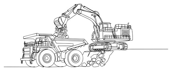 One line drawing of a heavy excavator loading rocks into a mining dump truck at a construction site © Alicja