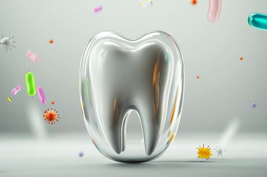 White tooth with a bubble effect surrounded by colorful germs and bacteria in a clean and simple background