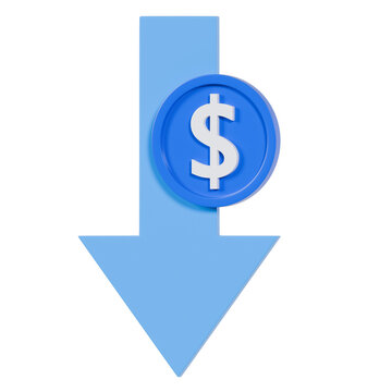 3D illustration of a dollar coin with a downward arrow, representing financial decline, loss, decrease in revenue, market drop