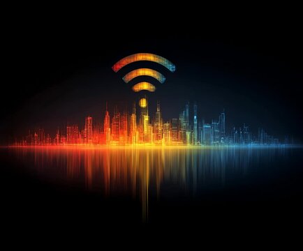 Futuristic cityscape with Wi-Fi symbol merging with urban skyline and colorful lights at night