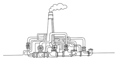 Obraz premium Industrial refinery plant with complex network of pipes and smoking chimney continuous line art