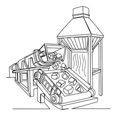 Fototapeta premium Industrial stone crushing plant with conveyor belt and hopper in continuous line drawing style