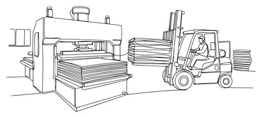 Continuous line art of a forklift operator loading materials into an industrial press machine © Alicja