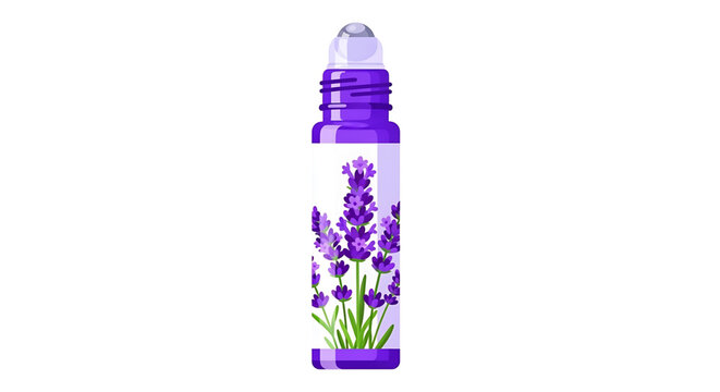 A vector graphic illustration of a purple essential oil roller bottle with lavender flowers on a white background