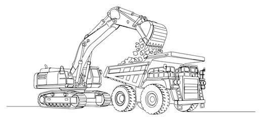 Heavy excavator machine loading rocks into a mining dump truck at a construction site one line drawing © Alicja