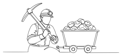 Continuous line drawing of a coal miner holding a pickaxe next to a loaded ore cart © Alicja
