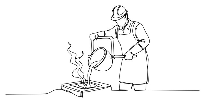 Continuous line art of a foundry worker pouring molten liquid metal into a square mold