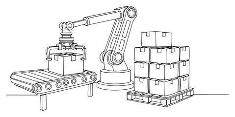 Obraz premium Minimalist one line drawing of a robotic arm palletizing boxes in an automated warehouse