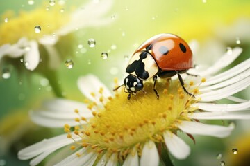 Naklejka premium Ladybug on white daisy, close-up shot, nature charm, floral beauty, summer scene.