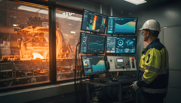 Industrial worker observes real-time data on multiple screens in a control room, overlooking an active, glowing molten metal processing area, showcasing advanced manufacturing technology
