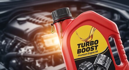 Obraz premium Red premium engine oil bottle dripping golden oil with a blurred car engine.